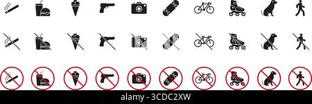 Insieme di icone Solid attività ed elementi proibiti. Non fumare, mangiare, armi, Fotografia e collezione di simboli di silhouette da passeggio. Spazio pubblico Illustrazione Vettoriale