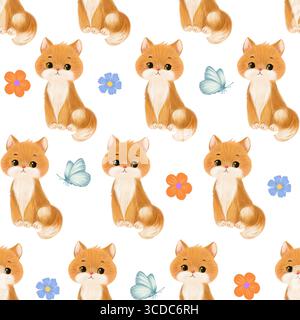 Motivo acquerello senza cuciture con gatto dello zenzero, fiori colorati e farfalle. Design morbido e accattivante, perfetto per i tessuti Foto Stock