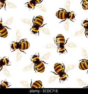 Motivo ad acquerello senza cuciture con bumblebees in volo. Dipinto a mano in uno stile morbido e naturale, perfetto per i tessuti Foto Stock