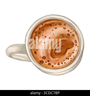 Tazza di cappuccino con latte in schiuma, dipinta in morbido stile acquerello con tonalità calde e un'atmosfera accogliente. Foto Stock