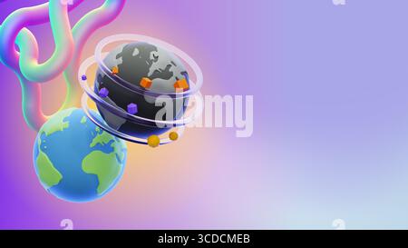 Rendering 3D astratto con due globi stilizzati, uno in blu e verde, l'altro in grigio, circondato da anelli e forme geometriche contro un passato Foto Stock