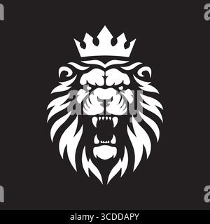 Testa di leone con logo corona. Illustrazione di design del re del leone arrabbiato, vettore. Illustrazione Vettoriale