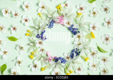 Cornice piatta con fiori primaverili su sfondo bianco. Vista dall'alto, copia spazio. Splendido motivo floreale in colori pastello. Foto Stock
