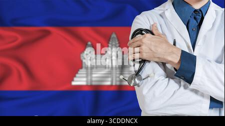 Medico con stetoscopio sulla bandiera della Cambogia. Medico con stetoscopio sulla bandiera della Cambogia Foto Stock