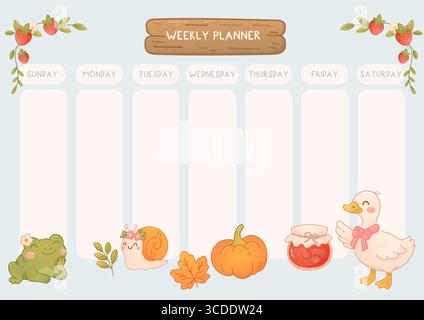 Modello settimanale in morbido pastello con decorazioni a rana, anatra, zucca, marmellata e fragole. Accogliente atmosfera autunnale e cottagecore. Illustrazione Vettoriale