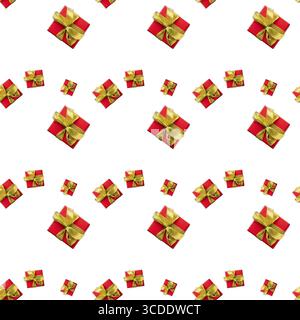 Scatole regalo rosse legate con nastro dorato su sfondo bianco motivo senza cuciture Foto Stock