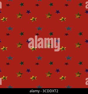 Coriandoli multicolore con motivo a colori su sfondo rosso senza cuciture Foto Stock