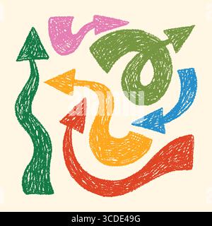 Set di frecce spesse colorate e tratteggiate da Crayon Illustrazione Vettoriale