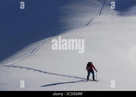 Scialpinismo in un terreno sciistico aperto e non tracciato, con pista solitaria fino alla vetta, Wertacher Hoernle, Unterjoch, Oberallgaeu, Baviera, Germania Foto Stock