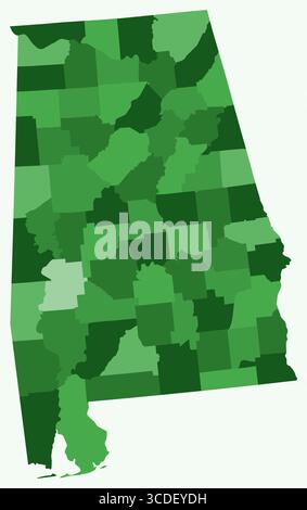 Mappa dell'Alabama con le contee. Solo una semplice mappa del confine di stato con la divisione della contea. Tavolozza dei colori verde. Illustrazione Vettoriale