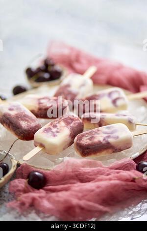 Papaveri vegani alla ciliegia fatti in casa con latte di cocco. Posizionato su una piastra in ceramica. Concetto gastronomico estivo. Disposizione piatta, vista dall'alto Foto Stock