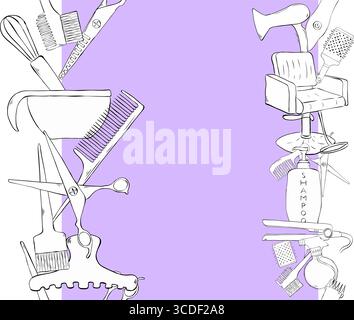 Taglio Salon color per capelli e modello di cornice con bordi verticali senza cuciture. Illustrazione dell'inchiostro con linee grafiche vettoriali. sfondo per striscioni, stampa per tessuto Illustrazione Vettoriale