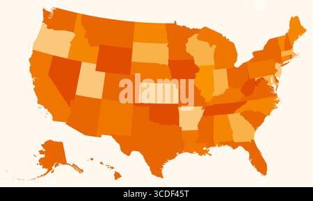 Mappa degli Stati Uniti. Solo una semplice mappa dei confini con la divisione dello stato. Tavolozza dei colori arancione. Mappa semplice con divisione amministrativa. Illustrazione vettoriale. Illustrazione Vettoriale