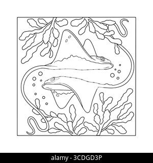 Il dragone marino in stile art nouveau nuota nell'oceano tra alghe e conchiglie illustrazione vettoriale disegnata a mano Illustrazione Vettoriale