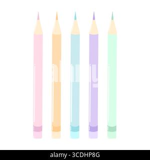 Set di matite color pastello su sfondo bianco con sfumature rosa tenue, pesca, blu, lavanda e menta Illustrazione Vettoriale