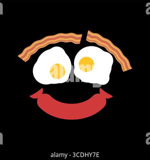 Colazione Smiley con sopracciglia a bacon, occhi d'uovo fritti e un sorriso rosso, che simboleggia la divertente arte culinaria. Illustrazione Vettoriale