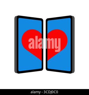 due smartphone con metà del cuore corrispondenti, che rappresentano il romanticismo digitale e la connessione virtuale. Ideale per le app, i design di comunicazione e i modelli Illustrazione Vettoriale