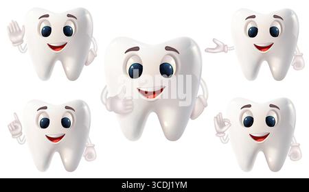 Una collezione di cinque allegri personaggi dei cartoni animati che incoraggiano le buone abitudini dentali con sorrisi e gesti amichevoli. Illustrazione Vettoriale