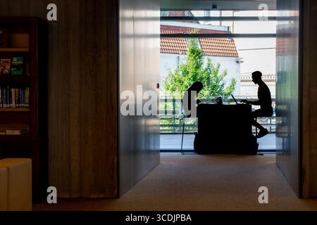 Sagoma di due studenti universitari con laptop che studiano in biblioteca pubblica per il loro riesame/riesame durante le vacanze estive Foto Stock