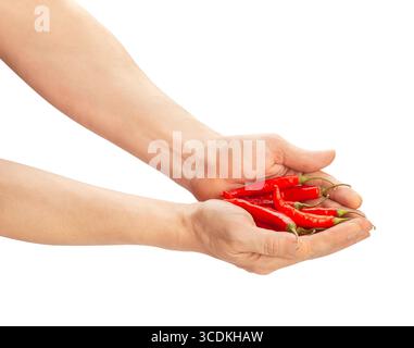 peperoncino rosso caldo nel percorso della mano isolato su bianco Foto Stock