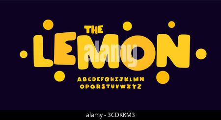 Succosa alfabeto bolla, audace carattere solare arrotondato, carattere cartoni animati giallo per il logo dell'adesivo, titolo dell'insegna estiva, divertente design tipografico, moderno e soffice Illustrazione Vettoriale