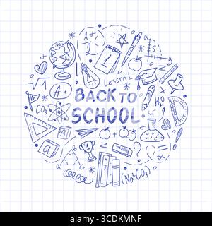 Ornamento Back to School sotto forma di cerchio con disegni scolastici disegnati a mano su un foglio di quaderno. Modello per il concetto di apprendimento con le forniture scolastiche. Design rotondo per poster ed etichette. Illustrazione Vettoriale