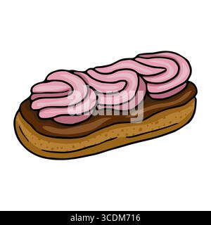 Deliziosa illustrazione vettoriale di una singola pasticceria eclair con rombi panna rosa e guarnizione al cioccolato, presentata in stile disegnato a mano con dettagli Illustrazione Vettoriale