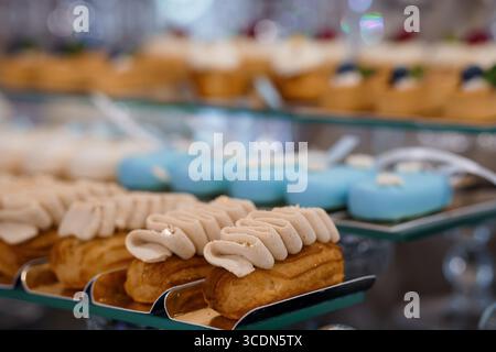 Uno scatto ravvicinato mostra file di delicati bocconcini di panna con glassa beige chiara e macaron blu pastello disposti su vassoi di servizio a più livelli, allettanti Foto Stock