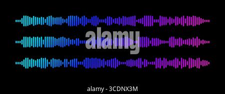 Visualizzazione delle onde sonore podcast con forma d'onda gradiente al neon per lo streaming e la trasmissione audio digitale. Illustrazione Vettoriale