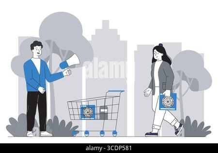 Uomo che promuove la pizza per fare shopping nel parco. Illustrazione vettoriale Illustrazione Vettoriale
