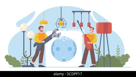 Elettricisti con attrezzi e lampade illustrati. Illustrazione vettoriale Illustrazione Vettoriale