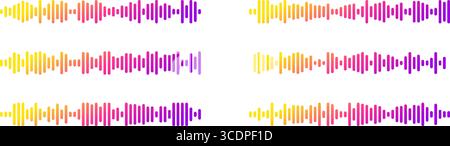 Sequenze di onde sonore podcast con forme d'onda colorate gradiente per la trasmissione audio e lo streaming. Illustrazione Vettoriale
