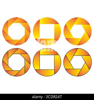 Icona diaframma telecamera. Vettore apertura otturatore. Illustrazione delle forme esagonali. Sfumatura di colore dorato. Illustrazione Vettoriale