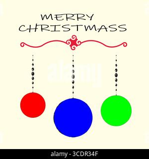 Buon saluto di Natale. Illustrazione degli ornamenti natalizi. Tre baule sospese. Elementi colorati vettoriali. Illustrazione Vettoriale