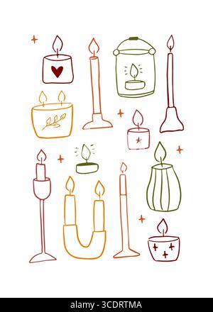 Set di candele profumate autunnali disegnate a mano Illustrazione Vettoriale
