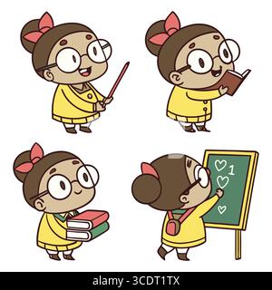 simpatico personaggio di vector girl in quattro pose giocose per uso didattico e narrativo Illustrazione Vettoriale