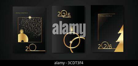 Set di biglietti d'auguri di buon Natale 2026 in nero e oro con eleganti candele e decorazioni dorate per poster, copertine e inviti di lusso. Illustrazione Vettoriale