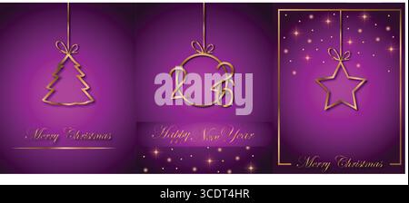 2026 sfondo felice anno nuovo per inviti stagionali, poster festivi, biglietti di auguri, glitter isolato su sfondo viola, design testuale. Illustrazione Vettoriale
