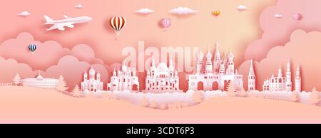 Viaggia in Russia tra i più famosi castelli, l'architettura antica e il palazzo. Moderno design di brochure aziendali su sfondo di colore rosa. Visita il punto di riferimento di mosca Illustrazione Vettoriale