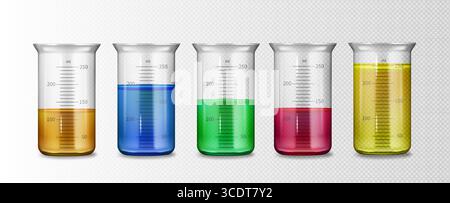Set di misurini con becher in vetro 3d e liquidi colorati per laboratorio o cucina. Contenitori riempiti trasparenti con contrassegni graduati in millilitri. Collezione scientifica di vetreria per esperimenti. Illustrazione Vettoriale