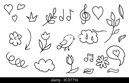 Un insieme di elementi sotto forma di linea, cuori, fiori e nuvole, uno schizzo in bianco e nero. Illustrazione vettoriale. Il disegno è in uno stile semplice o Illustrazione Vettoriale