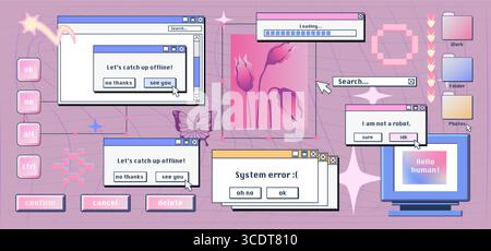 Desktop Internet retro con finestre popup y2k, messaggi di errore e interfaccia computer nostalgica per un'estetica vaporwave. Cartelle rosa, barra di caricamento, cursore a farfalla e finestre di dialogo vintage. Illustrazione Vettoriale