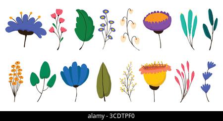 Carino Fiore e foglie in stile doodle. Elementi botanici disegnati a mano con fiori stravaganti, frutti di bosco e fogliame. Set decorativo femminile perfetto Illustrazione Vettoriale
