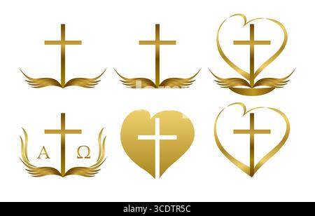 Croci d'oro, cuori e libri. Simboli religiosi di fede e speranza. Set di icone cristiane creative. Design T-shirt. Elementi grafici isolati. Illustrazione Vettoriale