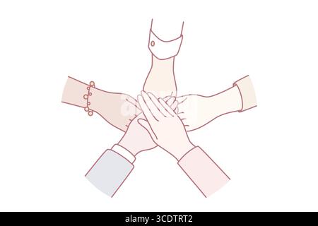 Lavoro di squadra, diversità, accordo, concetto di partnership. Mani umane di gruppi etnici misti che tengono insieme, significando comunità sociale e unità illustrazione vettoriale Illustrazione Vettoriale
