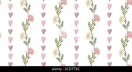 Striscia verticale di garofano e fiori a margherita con motivo a cuore senza cuciture. Design floreale disegnato a mano con tocco vintage. Ottimo per il settore tessile e. Illustrazione Vettoriale