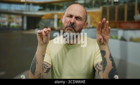 Uomo calvo con barba in camicia casual che esprime il viso e i gesti delle mani in strada urbana, mostrando personalità carismatica e umoristica in un c Foto Stock