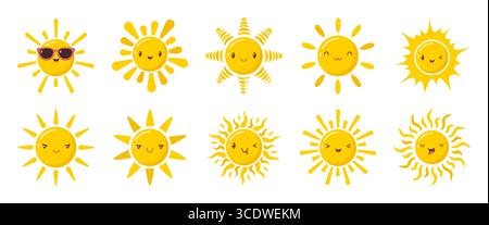 Icona del sole del cartone animato con emoji, simbolo sorridente di un simpatico personaggio solare, segno di luce del sole, faccia divertente dell'umore felice, schizzo emotivo della stella con vari raggi, distintivo luminoso dalle forme calde del viso, oggetto luce del giorno Illustrazione Vettoriale
