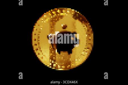 Moneta d'oro salvadanaio in stile anni '80 con mosaico in pixel retrò. Illustrazione 3D del concetto astratto di metallo dorato rotante. Foto Stock