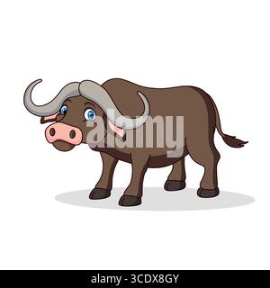 Carino carino cartoni animati di bufalo bovino africano, isolato su sfondo bianco. Ideale per il design dei bambini, stile simpatico e infantile Illustrazione Vettoriale